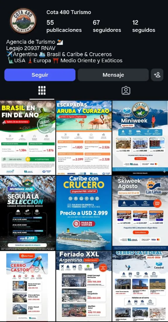 Vista previa del perfil de Instagram de COTA 480 Turismo